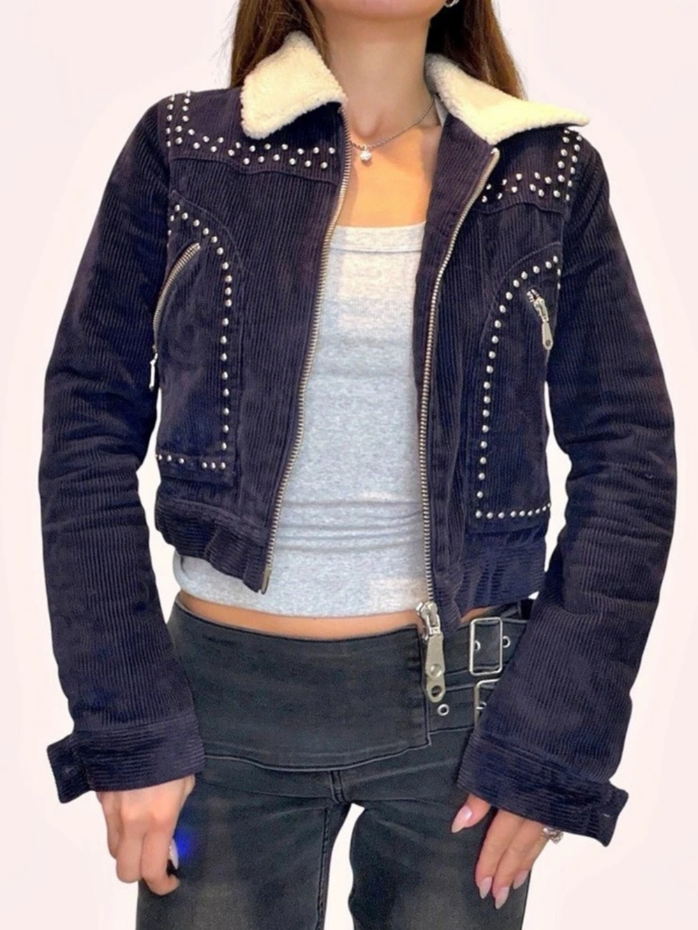 Rebecca Minkoff Navy Studded Corduroy Sherpa Collar Jacket XS Like New